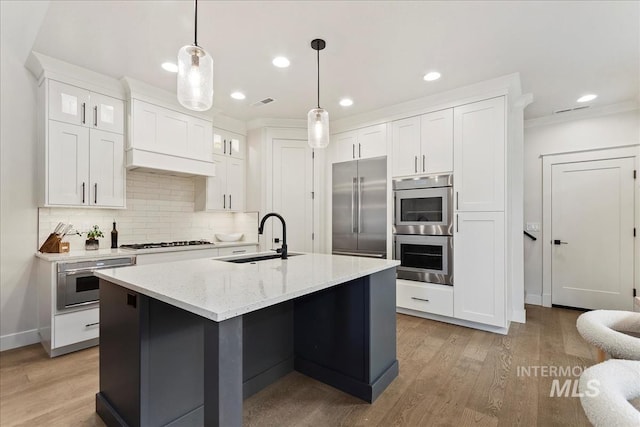3268 S Sedgebrook Ln, Eagle, ID 83616 - kitchen featuring white cabinetry, stainless steel appliances, backsplash, a sink, and glass insert cabinets