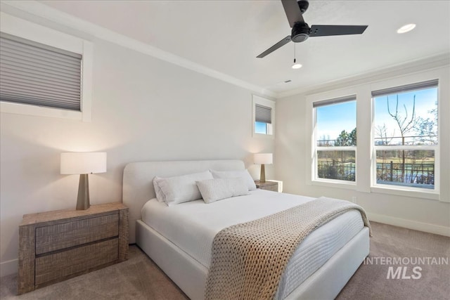 3268 S Sedgebrook Ln, Eagle, ID 83616 - bedroom with carpet floors, a ceiling fan, baseboards, ornamental molding, and recessed lighting