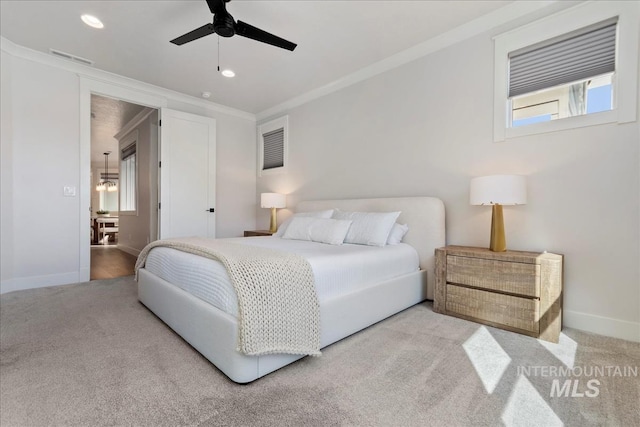 3268 S Sedgebrook Ln, Eagle, ID 83616 - carpeted bedroom with visible vents, crown molding, baseboards, recessed lighting, and a ceiling fan