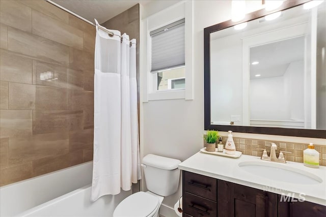 3268 S Sedgebrook Ln, Eagle, ID 83616 - full bath featuring toilet, vanity, shower / tub combo, and decorative backsplash