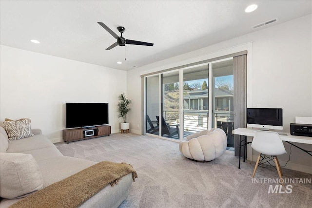 3268 S Sedgebrook Ln, Eagle, ID 83616 - carpeted living area with baseboards, ceiling fan, visible vents, and recessed lighting
