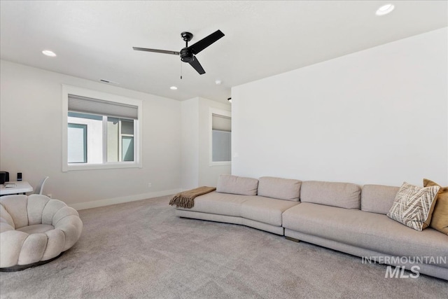 3268 S Sedgebrook Ln, Eagle, ID 83616 - carpeted living room featuring baseboards, ceiling fan, and recessed lighting
