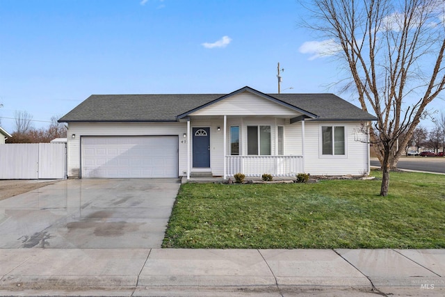 single story home with a front yard, roof with shingles, a porch, concrete driveway, and a garage