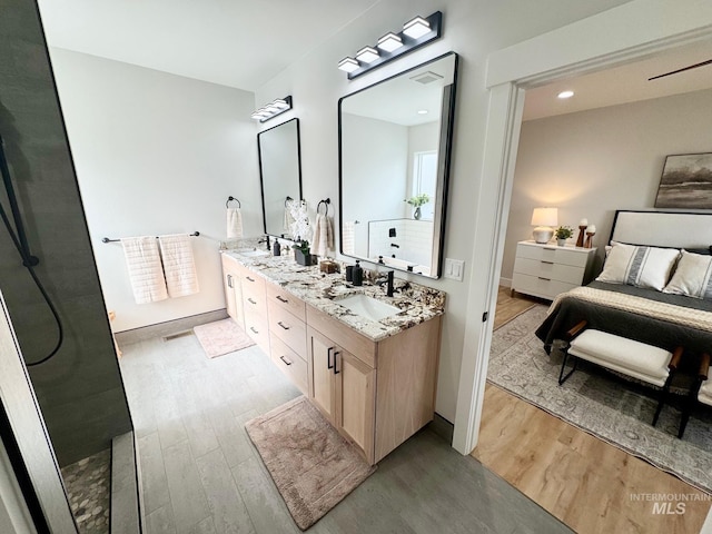 bathroom featuring vanity and hardwood / wood-style floors