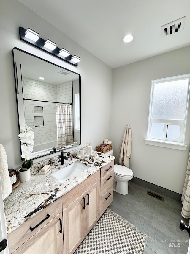 bathroom with vanity, toilet, and curtained shower