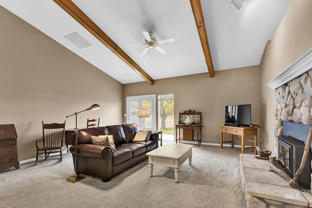 living room with light carpet, baseboards, visible vents, a ceiling fan, and vaulted ceiling with beams