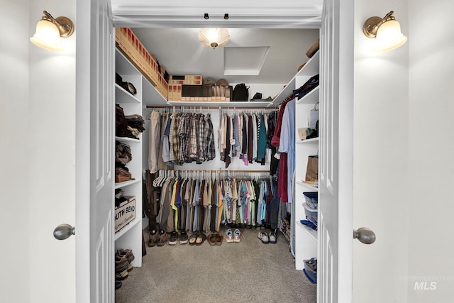 spacious closet featuring attic access