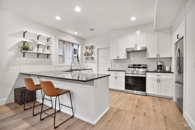 kitchen with kitchen peninsula, stainless steel appliances, sink, and white cabinetry