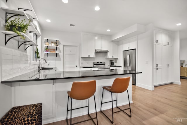 kitchen with stainless steel appliances, sink, white cabinets, kitchen peninsula, and backsplash