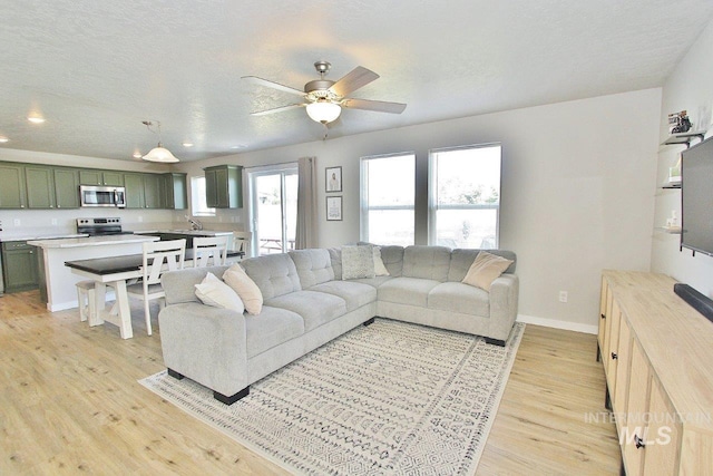 10382 Scout Ridge St, Nampa, ID 83687 - living room featuring light wood-style floors, ceiling fan, baseboards, and recessed lighting