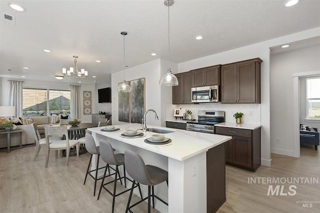 kitchen featuring a kitchen bar, sink, hanging light fixtures, a center island with sink, and appliances with stainless steel finishes