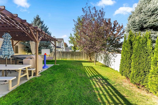 view of yard with a fenced backyard and a pergola