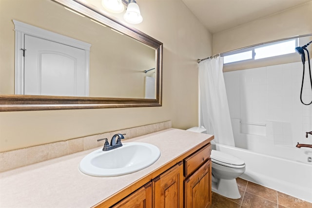 bathroom featuring toilet, shower / bathtub combination with curtain, and vanity