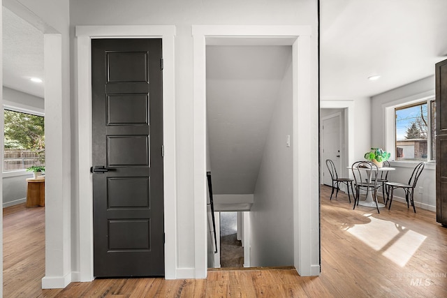 hall with healthy amount of natural light, baseboards, and wood finished floors