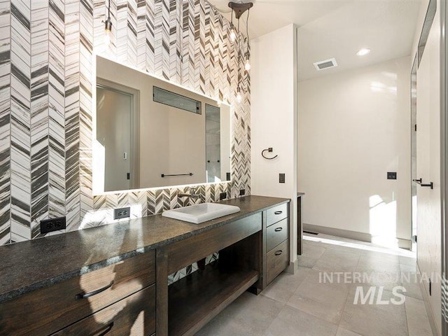 bathroom with tile patterned floors, vanity, backsplash, visible vents, and recessed lighting