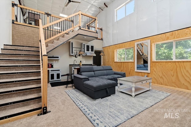 living area featuring a wealth of natural light, wooden walls, and carpet flooring