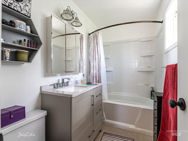 full bathroom with tile patterned flooring, vanity, shower / tub combo with curtain, and toilet