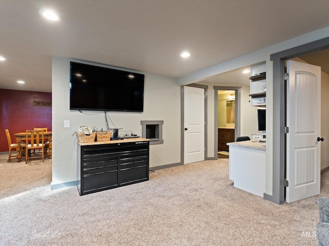 bar featuring light colored carpet