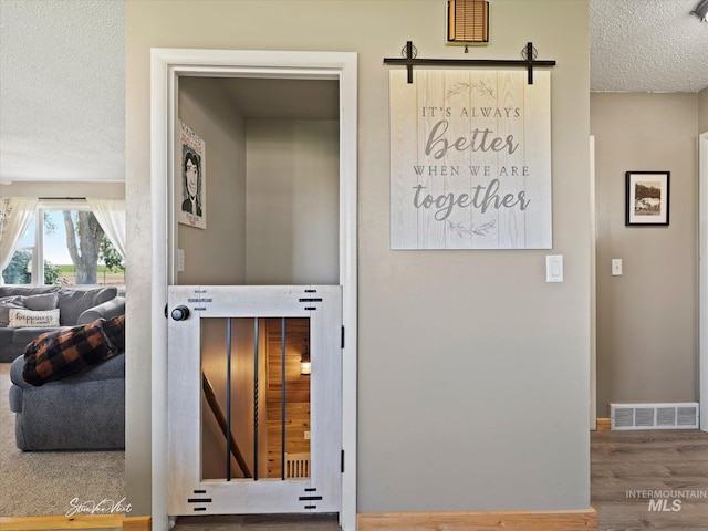 details featuring hardwood / wood-style flooring and a textured ceiling