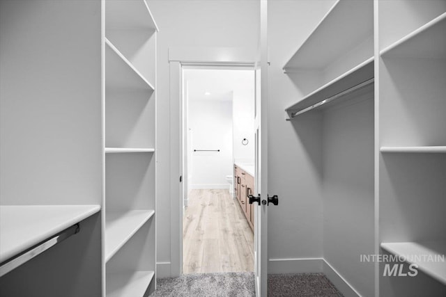 walk in closet with light wood finished floors