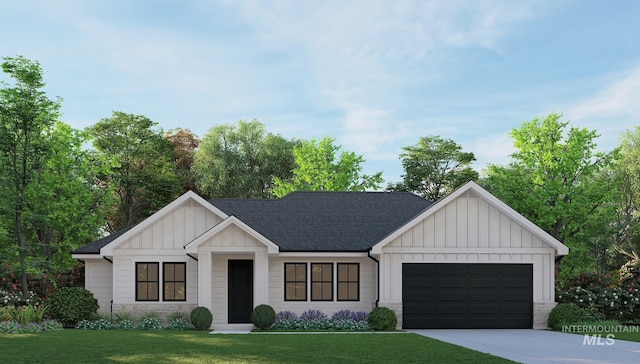 modern farmhouse style home featuring board and batten siding, an attached garage, a shingled roof, a front lawn, and driveway