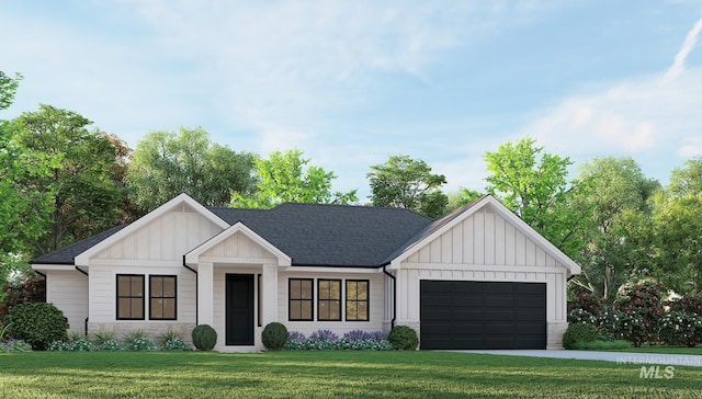 modern farmhouse featuring board and batten siding, a garage, a front lawn, and a shingled roof