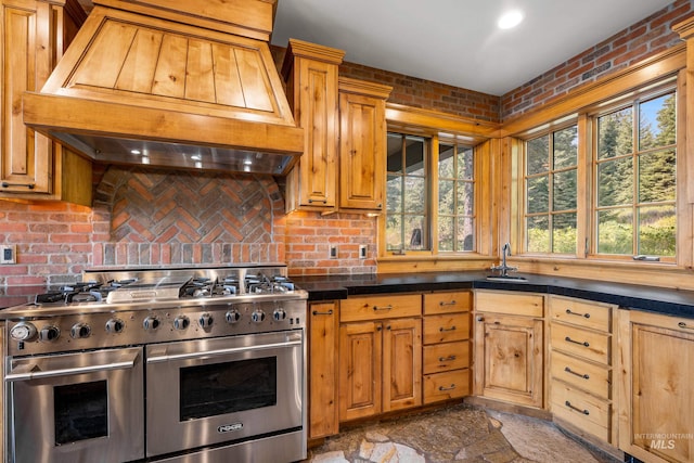 kitchen with double oven range, sink, premium range hood, and a healthy amount of sunlight