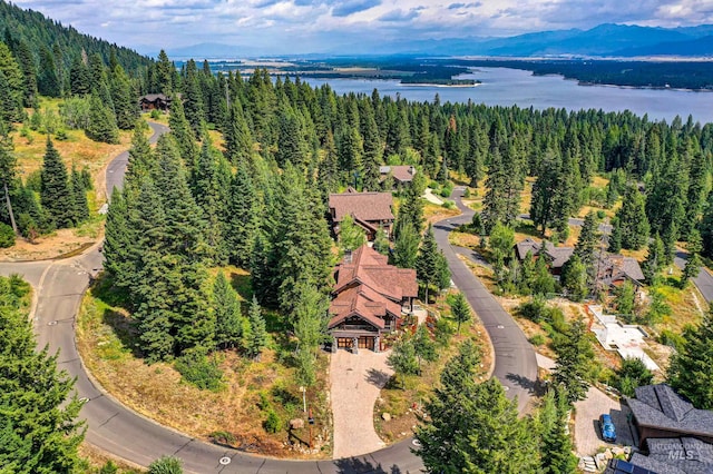 drone / aerial view with a view of trees and a water view