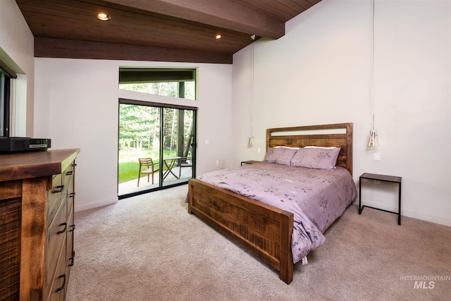 1115 Heavens Gate Ct, Mccall, ID 83638 - bedroom with access to outside, wooden ceiling, light colored carpet, beam ceiling, and recessed lighting