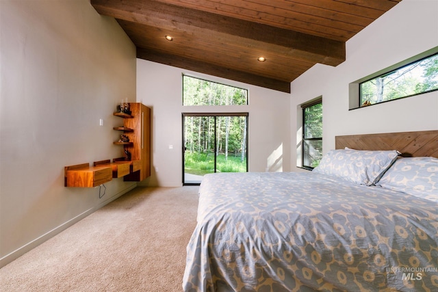 1115 Heavens Gate Ct, Mccall, ID 83638 - bedroom with access to exterior, wood ceiling, carpet flooring, beam ceiling, and recessed lighting
