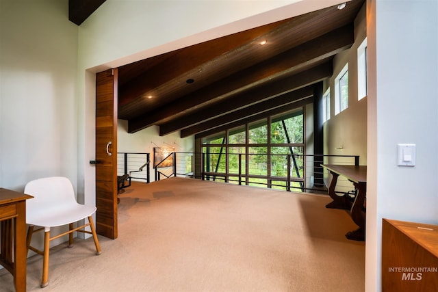 1115 Heavens Gate Ct, Mccall, ID 83638 - sitting room with carpet, an upstairs landing, wooden ceiling, and recessed lighting