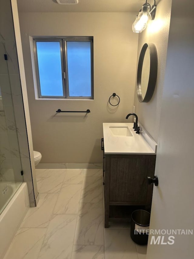 3109 N Tamarack Dr, Boise, ID 83703 - full bath with vanity, shower / tub combination, toilet, visible vents, and marble finish floor