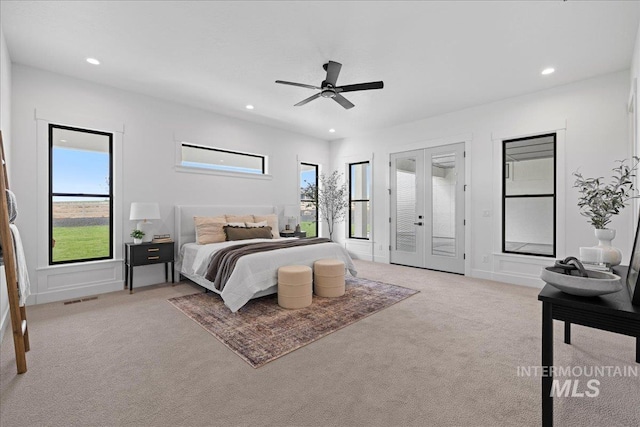13625 Hickory Rnch, Nampa, ID 83651 - bedroom featuring light colored carpet, recessed lighting, french doors, a ceiling fan, and access to exterior