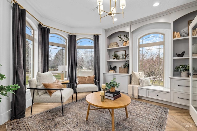 3031 Champagne Ct, Eagle, ID 83616 - living area featuring recessed lighting, a notable chandelier, visible vents, and built in features