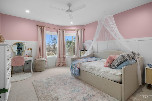 3031 Champagne Ct, Eagle, ID 83616 - carpeted bedroom with a ceiling fan, a decorative wall, recessed lighting, and a wainscoted wall