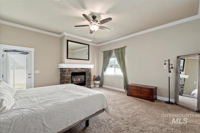 730 N Finsbury Way, Star, ID 83669 - bedroom with access to outside, crown molding, carpet, a fireplace, and a ceiling fan
