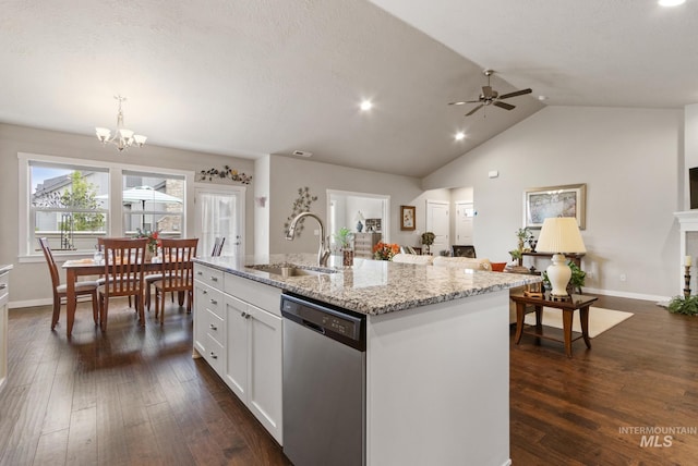 kitchen with white cabinets, ceiling fan with notable chandelier, dark wood finished floors, and dishwasher