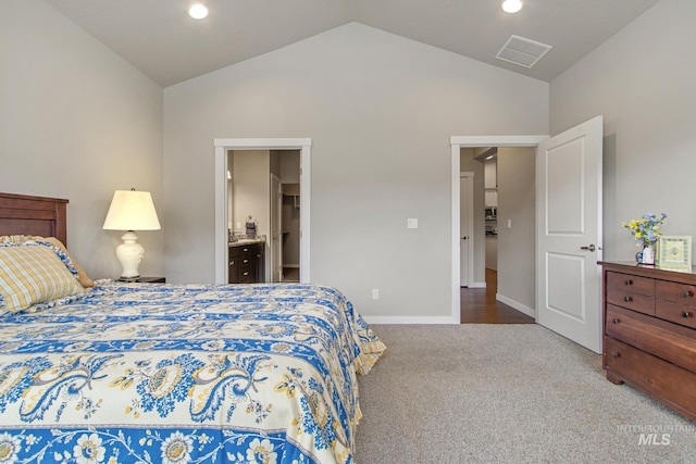 bedroom featuring visible vents, carpet floors, recessed lighting, baseboards, and vaulted ceiling