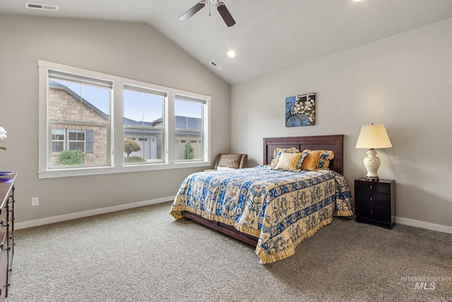 bedroom with visible vents, baseboards, carpet floors, and lofted ceiling