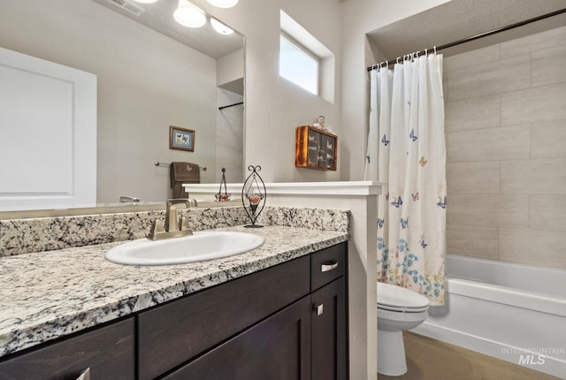 full bath with vanity, shower / bathtub combination with curtain, toilet, and visible vents
