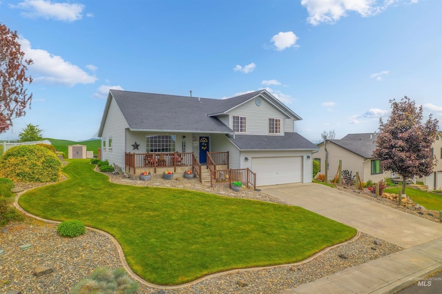 386 E Valleyview Ave, Genesee, ID 83832 - tri-level home featuring a garage, covered porch, a front lawn, driveway, and roof with shingles