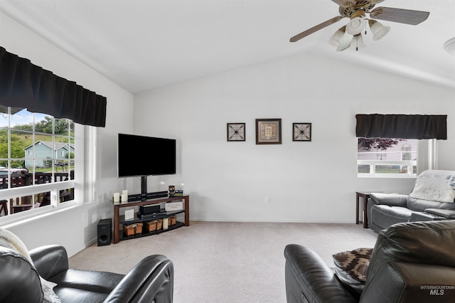 386 E Valleyview Ave, Genesee, ID 83832 - living area with vaulted ceiling, carpet, a ceiling fan, and baseboards
