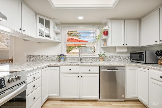 1177 N Lopez Ave, Eagle, ID 83616 - kitchen featuring appliances with stainless steel finishes, a sink, open shelves, white cabinets, and light stone countertops