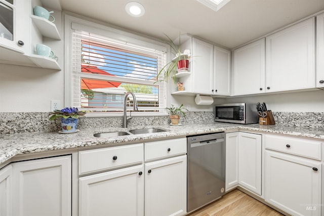 1177 N Lopez Ave, Eagle, ID 83616 - kitchen featuring open shelves, stainless steel appliances, a sink, white cabinets, and light wood finished floors