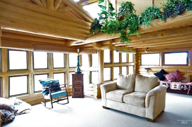 living room featuring a healthy amount of sunlight, rustic walls, and light carpet