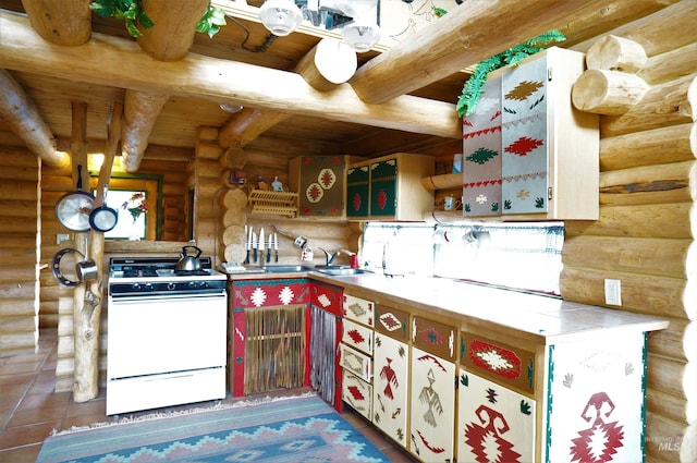 kitchen with beamed ceiling, white range, sink, wood ceiling, and rustic walls