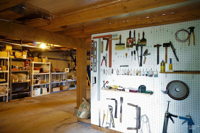 basement with a workshop area