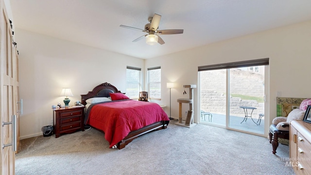 bedroom with ceiling fan, access to exterior, baseboards, and carpet floors