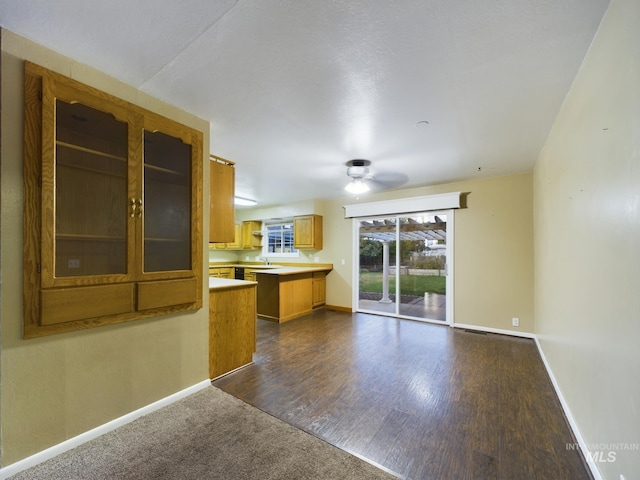 interior space featuring dark hardwood / wood-style floors, sink, ceiling fan, and kitchen peninsula