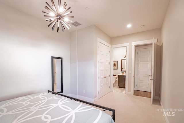 5946 E Barber Dr, Boise, ID 83716 - unfurnished bedroom with ensuite bathroom, carpet, visible vents, a chandelier, and baseboards